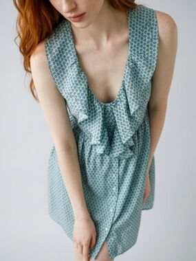 ModCloth Era Hot & Delicious Light Teal Bird Print Ruffle Dress -2010s Twee Core